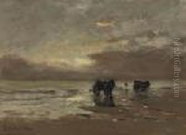 Shell-fishers On The Beach Oil Painting by Gerhard Arij Ludwig Morgenstje Munthe