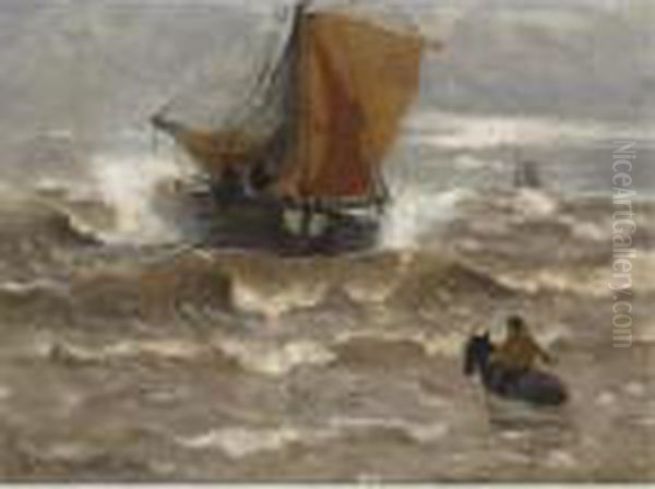 A Bomschuit In The Breakers Oil Painting by Gerhard Arij Ludwig Morgenstje Munthe