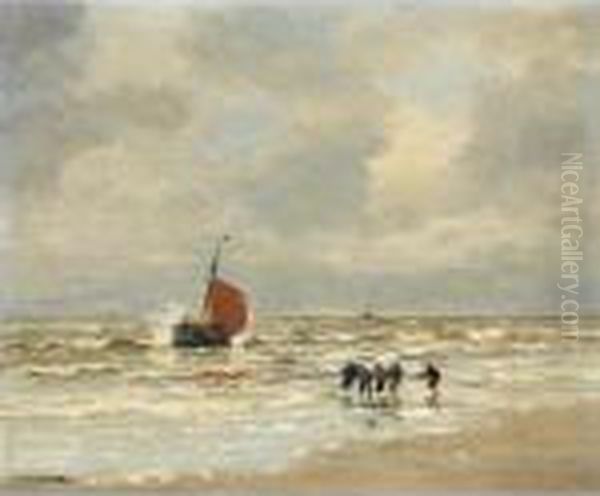 A Bomschuit In The Breakers Near Katwijk Oil Painting by Gerhard Arij Ludwig Morgenstje Munthe