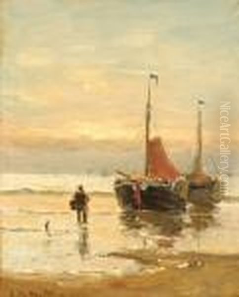 A Fisherman By Two Boats On The Beach Oil Painting by Gerhard Arij Ludwig Morgenstje Munthe