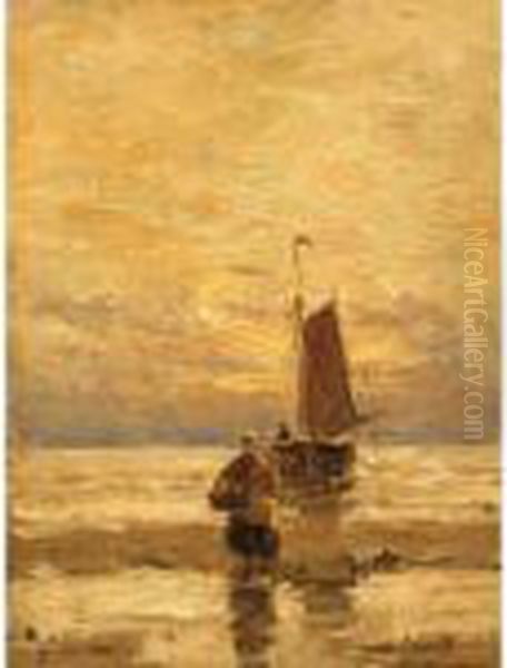 A Fisher Woman On The Beach At Sunset Oil Painting by Gerhard Arij Ludwig Morgenstje Munthe