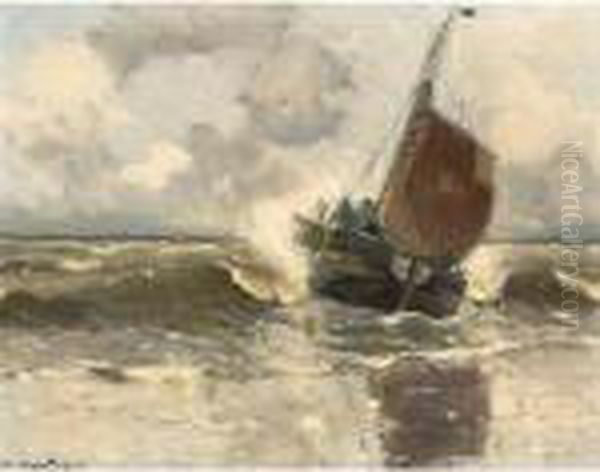 A Bomschuit In The Breakers, Katwijk Oil Painting by Gerhard Arij Ludwig Morgenstje Munthe