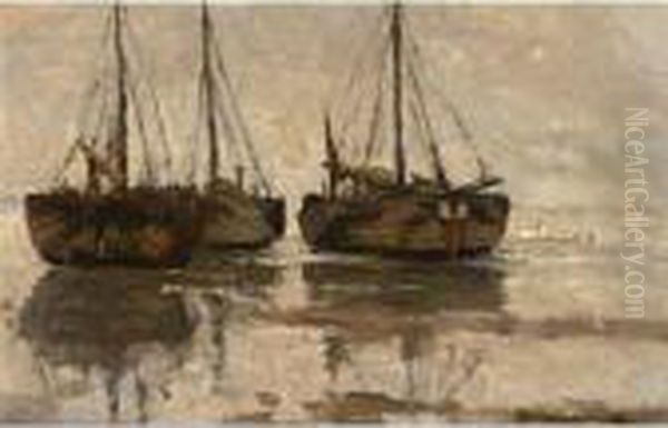 Beached Fishing Boats Oil Painting by Gerhard Arij Ludwig Morgenstje Munthe