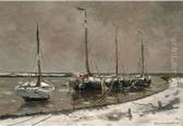 Snow Covered Boats In The Harbour Of Katwijk Oil Painting by Gerhard Arij Ludwig Morgenstje Munthe