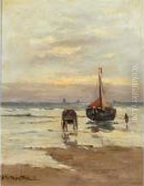 A Shellfisher On The Beach Oil Painting by Gerhard Arij Ludwig Morgenstje Munthe