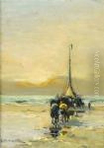 Fiskare Pa Strand Oil Painting by Gerhard Arij Ludwig Morgenstje Munthe