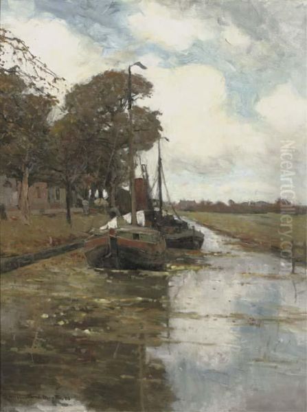 Along A Canal In Autumn Oil Painting by Gerhard Arij Ludwig Morgenstje Munthe