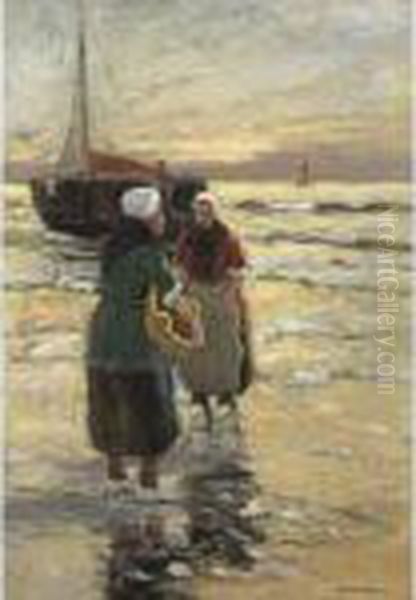 Fisher Women On The Beach Oil Painting by Gerhard Arij Ludwig Morgenstje Munthe