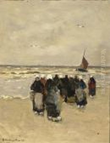 Fisherfolk On The Beach Oil Painting by Gerhard Arij Ludwig Morgenstje Munthe