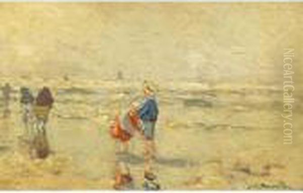 Children Playing On The Beach Oil Painting by Gerhard Arij Ludwig Morgenstje Munthe