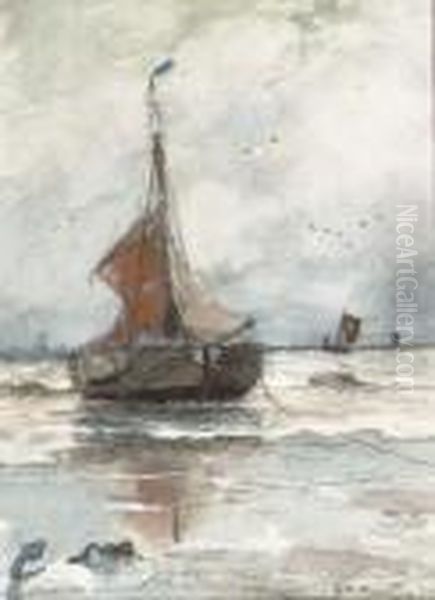 Bomschuit Anchored In The Surf, Katwijk Oil Painting by Gerhard Arij Ludwig Morgenstje Munthe