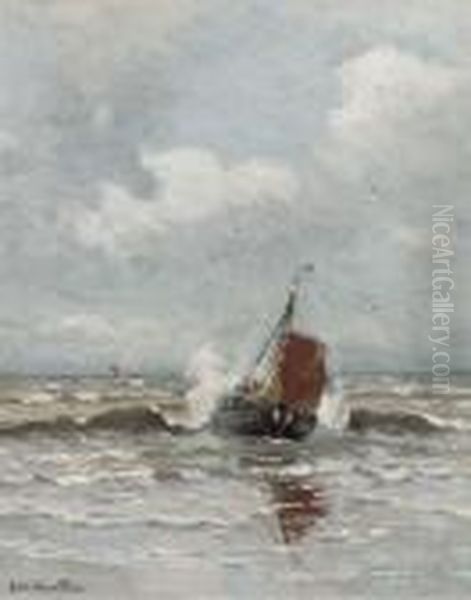 A Bomschuit In The Surf By Katwijk Oil Painting by Gerhard Arij Ludwig Morgenstje Munthe