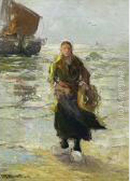 A Fisher Woman On The Beach Oil Painting by Gerhard Arij Ludwig Morgenstje Munthe