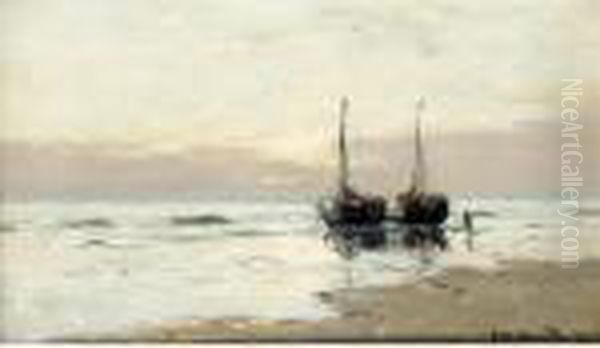 Boats Moored On The Beach Oil Painting by Gerhard Arij Ludwig Morgenstje Munthe