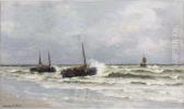 Bomschuiten With Fishermen In The Breakers, Katwijk Oil Painting by Gerhard Arij Ludwig Morgenstje Munthe