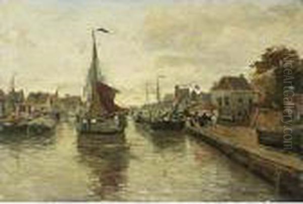 A View Of A Village With Boats In A Harbour Oil Painting by Gerhard Arij Ludwig Morgenstje Munthe