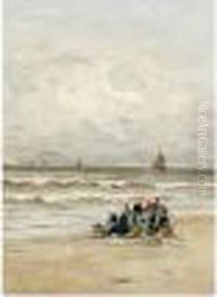 Fisherwomen On The Beach Oil Painting by Gerhard Arij Ludwig Morgenstje Munthe