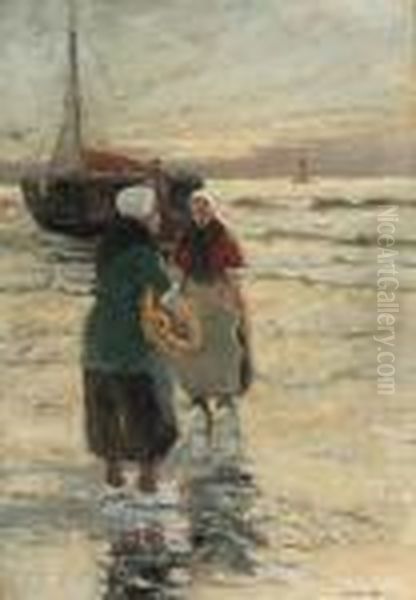 Fisherwomen Near A Bomschuit On The Beach Oil Painting by Gerhard Arij Ludwig Morgenstje Munthe