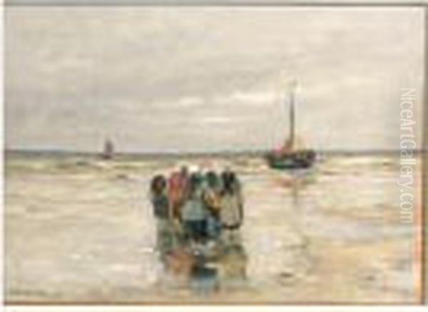 Fisherwomen Waiting For The Arrival Of The Fleet Oil Painting by Gerhard Arij Ludwig Morgenstje Munthe