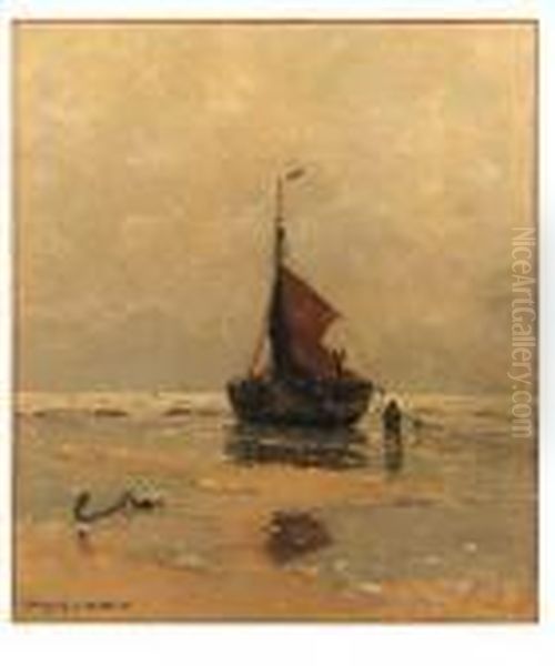 A Moored Bomschuit On The Beach Of Katwijk Oil Painting by Gerhard Arij Ludwig Morgenstje Munthe