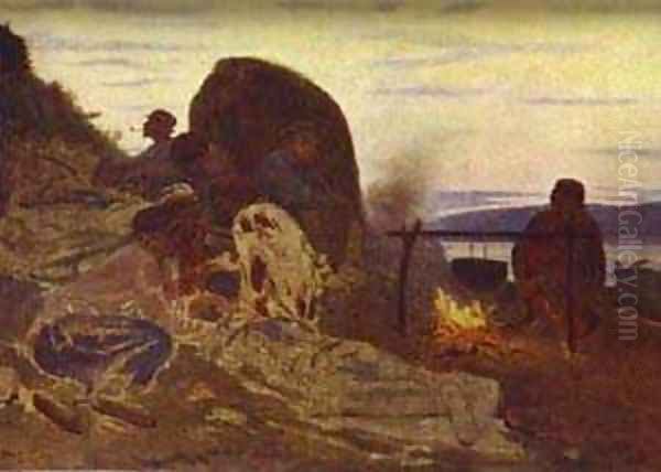 Barge Haulers By Campfire 1870 Oil Painting by Ilya Efimovich Efimovich Repin