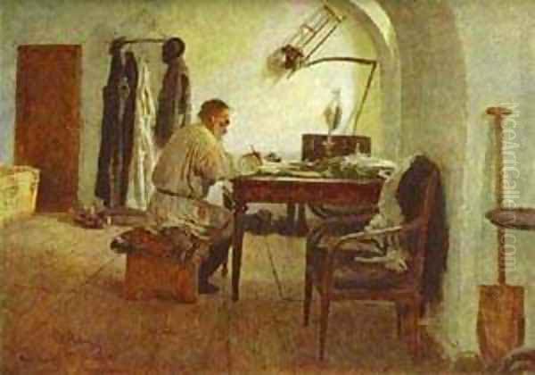 Leo Tolstoy In His Study 1891 Oil Painting by Ilya Efimovich Efimovich Repin