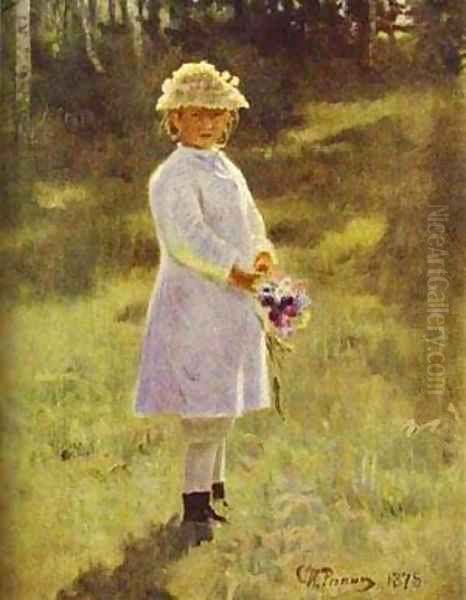 Girl With Flowers Daughter Of The Artist 1878 Oil Painting by Ilya Efimovich Efimovich Repin