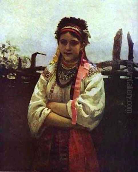 Ukranian Girl By A Fence 1876 Oil Painting by Ilya Efimovich Efimovich Repin