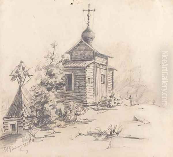 Russian wooden Church in a Graveyard Oil Painting by Ilya Efimovich Efimovich Repin