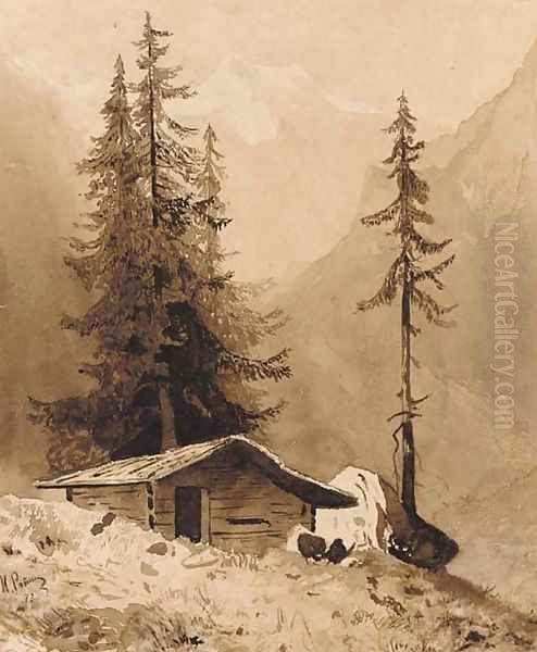 Wooden Hut in an Alpine Landscape Oil Painting by Ilya Efimovich Efimovich Repin