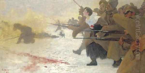 The Attack with the Red Cross Nurse Oil Painting by Ilya Efimovich Efimovich Repin