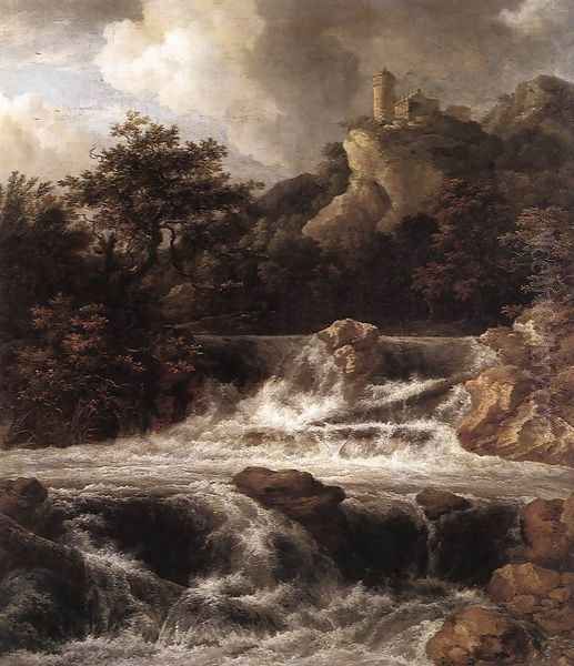 Waterfall with Castle Built on the Rock c. 1665 Oil Painting by Jacob Van Ruisdael