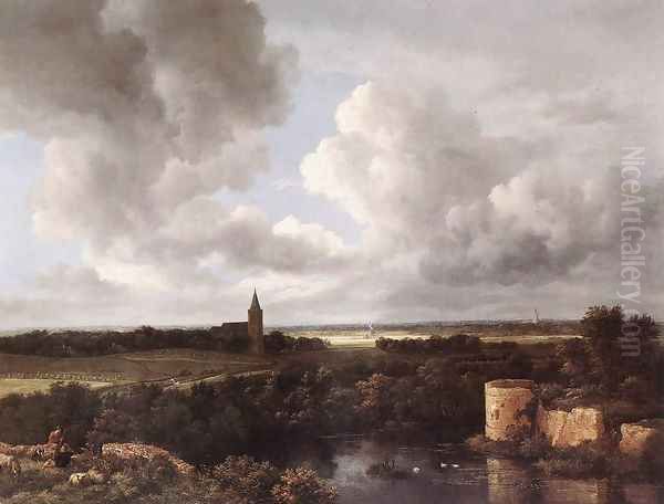 An Extensive Landscape with a Ruined Castle and a Village Church 1665-72 Oil Painting by Jacob Van Ruisdael