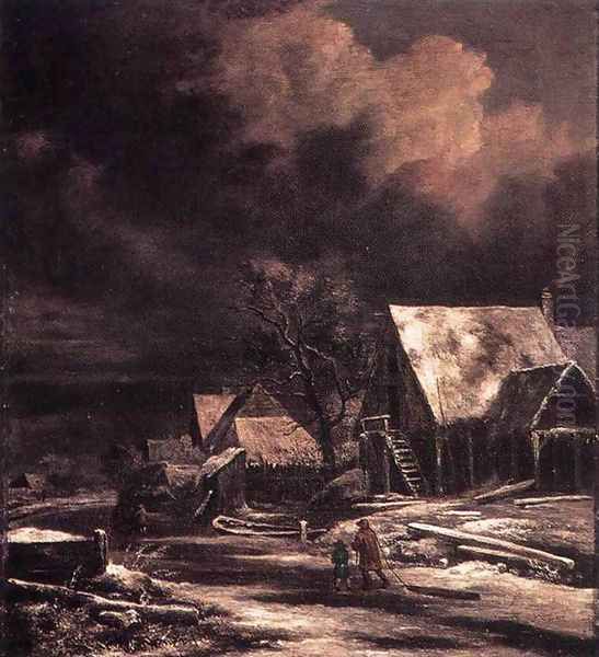 Village at Winter at Moonlight Oil Painting by Jacob Van Ruisdael