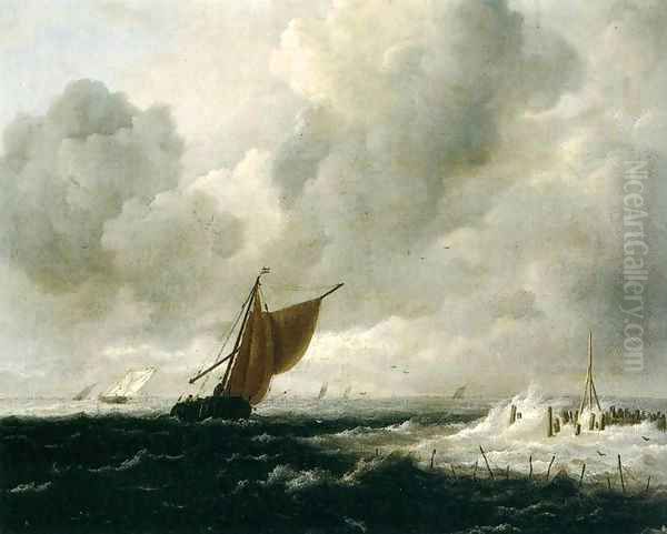 Stormy Sea with Sailing Boats Oil Painting by Jacob Van Ruisdael