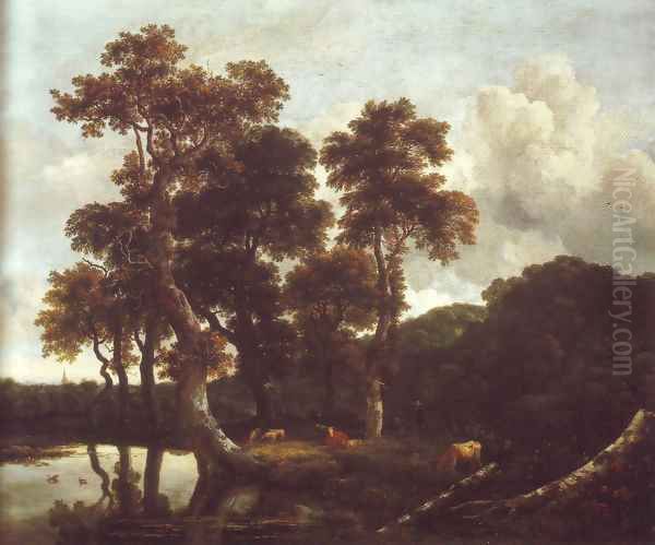 Grove of large oak trees at the edge of a pond Oil Painting by Jacob Van Ruisdael