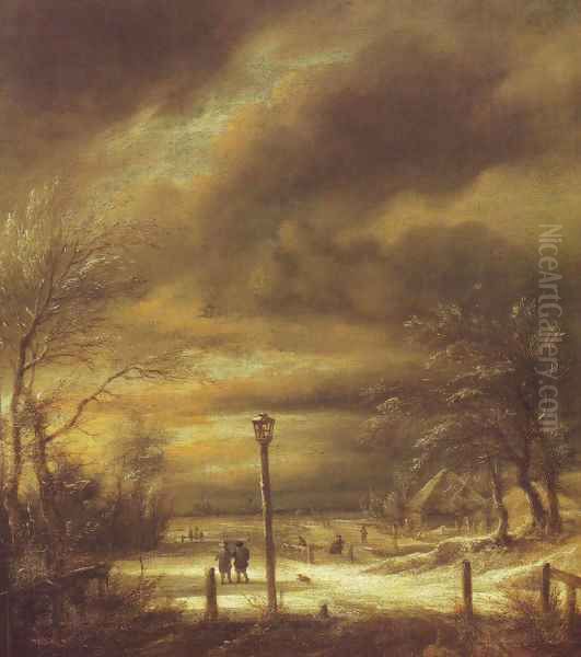 Winter landscape with a lamp-post and a distant view of haarlem Oil Painting by Jacob Van Ruisdael