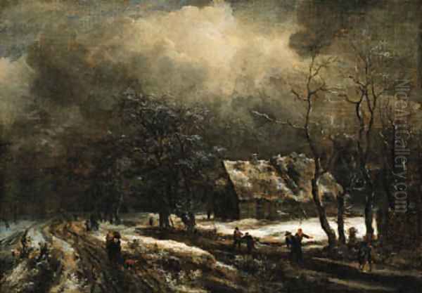 A winter landscape with peasants on a road and skaters on a frozen river, a cottage nearby Oil Painting by Jacob Van Ruisdael