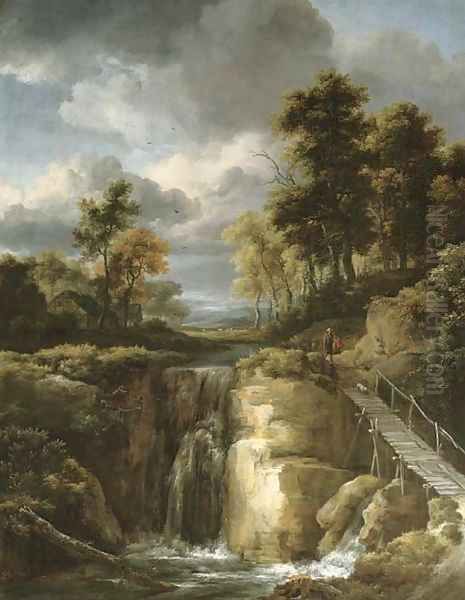 A wooded river landscape with a waterfall and figures Oil Painting by Jacob Van Ruisdael