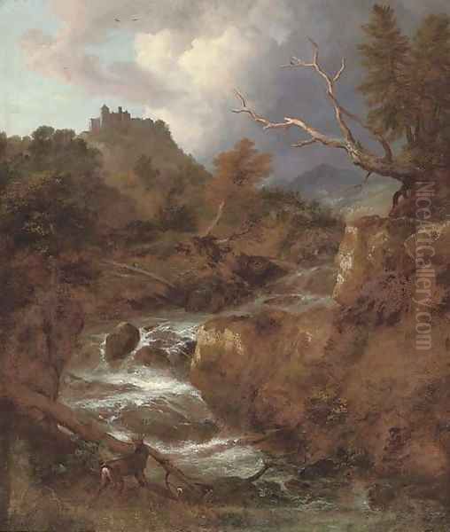 A mountainous wooded river landscape with a stag by a waterfall, Bentheim Castle beyond Oil Painting by Jacob Van Ruisdael