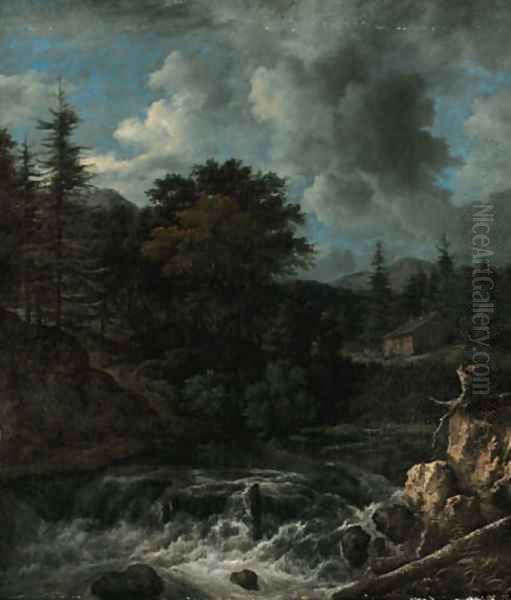 A torrent in a Scandinavian wooded landscape, a cottage beyond Oil Painting by Jacob Van Ruisdael