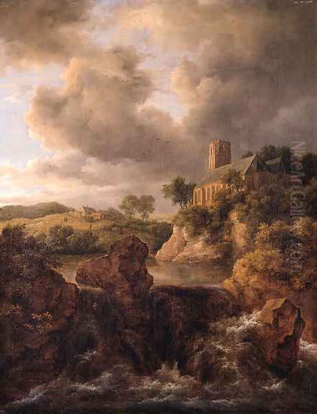 A waterfall in a mountainous landscape, a church on a cliff beyond Oil Painting by Jacob Van Ruisdael