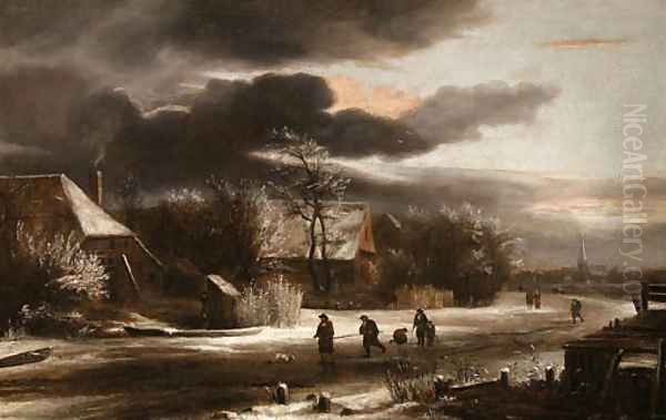 A winter Landscape with Villagers on a Path Oil Painting by Jacob Van Ruisdael