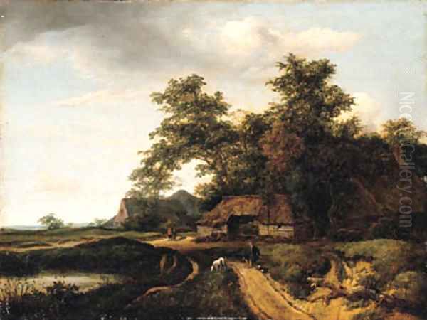 A wooded landscape with a traveler resting on a path Oil Painting by Jacob Van Ruisdael