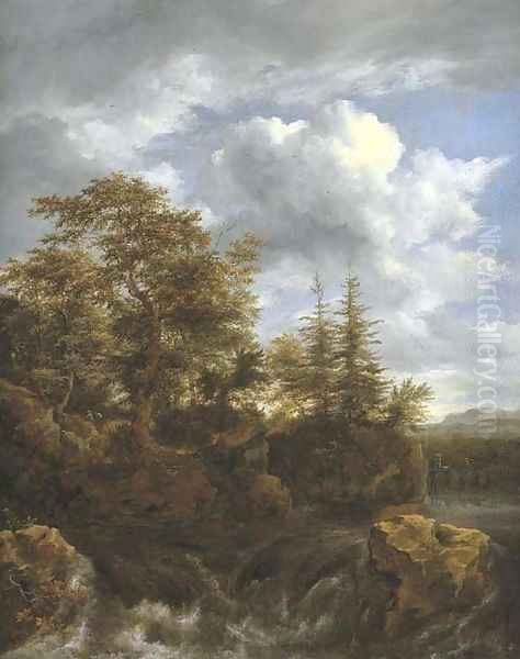 A wooded river landscape with a waterfall and travellers on a bridge Oil Painting by Jacob Van Ruisdael