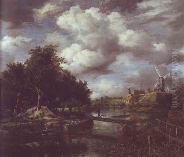 Landscape with a windmill near town moat Oil Painting by Jacob Van Ruisdael