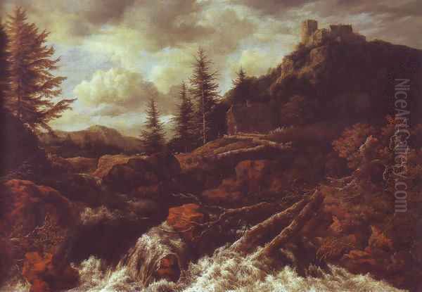 Waterfall in a mountainous landscape with a ruined castle Oil Painting by Jacob Van Ruisdael