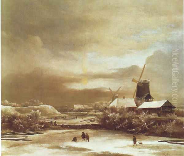 Winter landscape with two windmills Oil Painting by Jacob Van Ruisdael