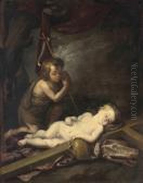 The Christ Child Asleep On The Cross With The Infant Saint John The Baptist Oil Painting by Bartolome Esteban Murillo