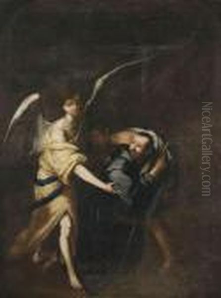 A Merciful Friar With An Invalid And Aguardian Angel. Oil Painting by Bartolome Esteban Murillo